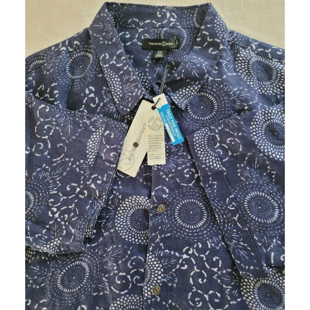NWT Treasure & Bond Men's Blue‎ Floral Hawaiian Short-Sleeve Button-Up Shirt XXL
